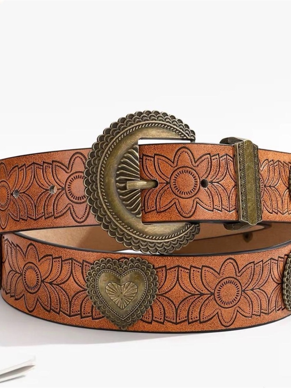 TRUE Women’s Tan Floral Tooled Leather Belt with Decorative Brass Buckle